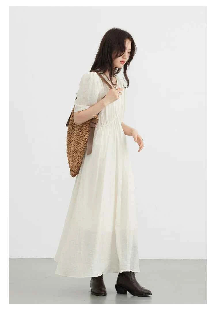 CHIC VEN Women Dresses French Style Vintage V-neck Puff Sleeve Long Dress Solid Black Loose Female Clothing Summer New 2023