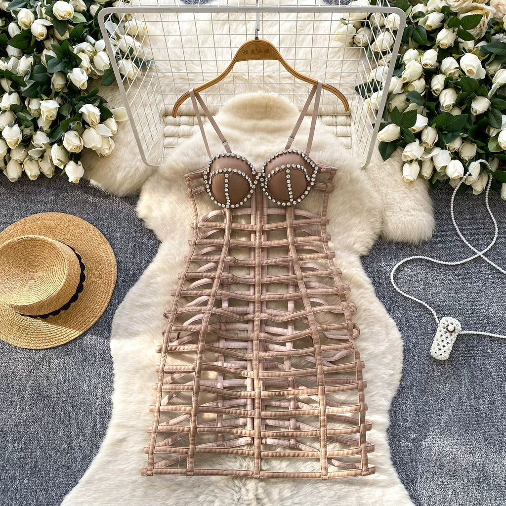 Vintage Hollow Out Elegant Rhinestone Chic Sleeveless Slim Straps Dresses Korean Fashion Evening Party Women Summer Clothing