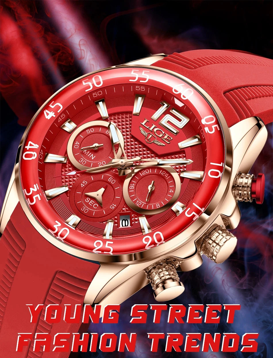 LIGE New Fashion Mens Watches Top Brand Luxury Quartz Wrist Watch Man Sport Red Silicone Watch for Men Reloj Hombre Chronograph