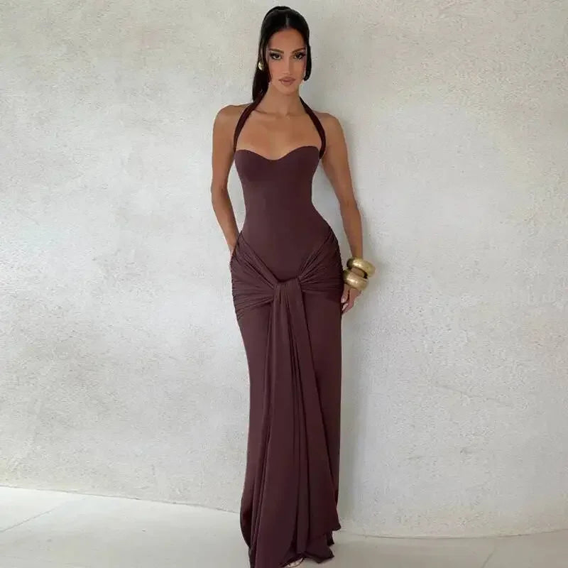 Sexy Backless Lace Up Halter Neck Maxi Dress Women Sleeveless Ruched Waist Draped Bodycon Dresses Party Evening Cocktail Robes