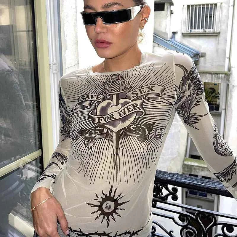 Y2k Aesthetic Punk Clothes Graphic Tees Women Gothic Fashion Full Sleeve Woman Tshirts See Through Streetwear Egirl Tops T Shirt
