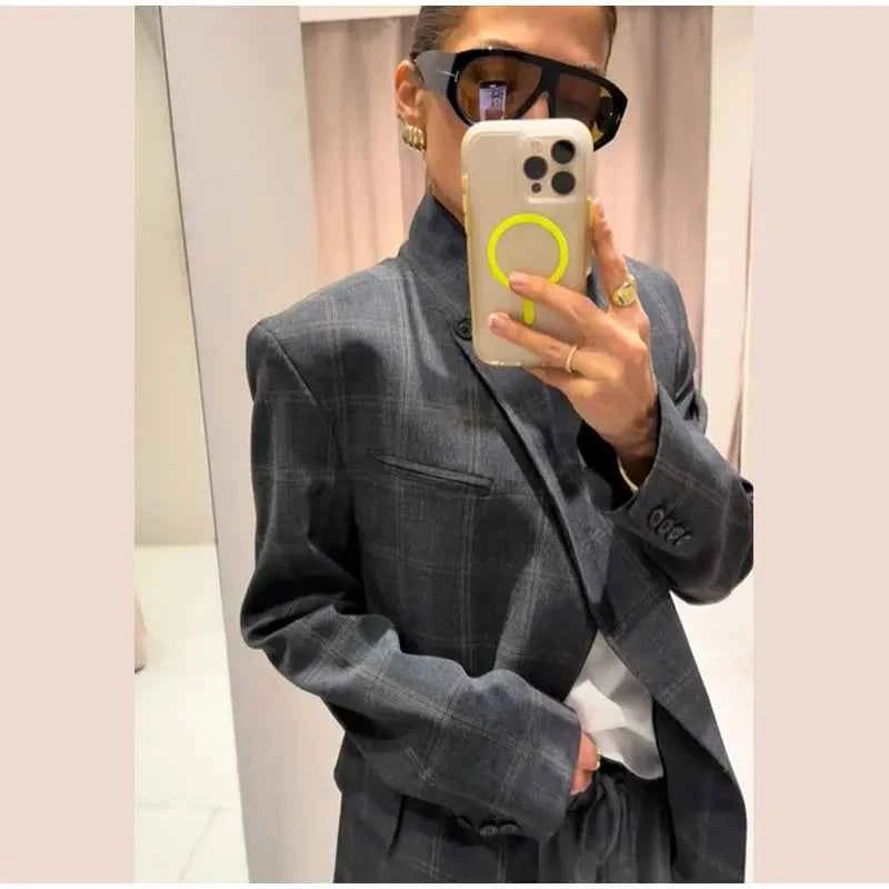 Irregular Plaid Blazer Jacket Women Fashion Stand Collar Full Sleeve Split Loose Short Jackets 2025 Lady Daily Commute Outwear