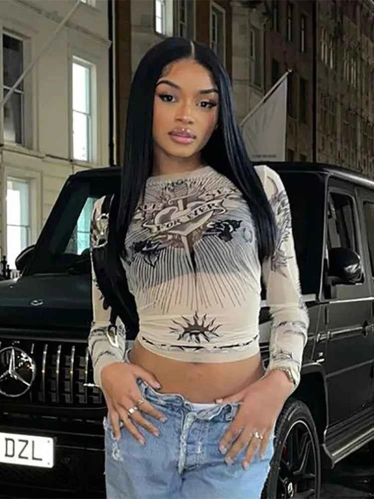 Y2k Aesthetic Punk Clothes Graphic Tees Women Gothic Fashion Full Sleeve Woman Tshirts See Through Streetwear Egirl Tops T Shirt