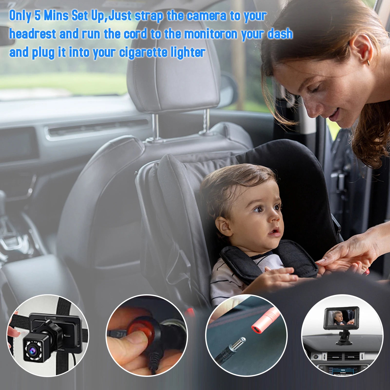 Baby Car Mirror 1080P Monitor with Camera USB Plug 4.3" Baby Camera With Night Vision 150°Viewing Angle for Infants Kids Pets