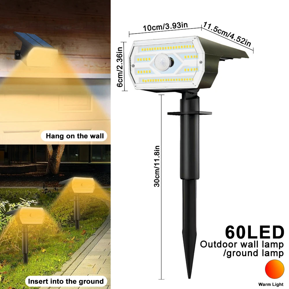 LED Solar Garden Lights 60LED Security Lights Outdoor Motion Sensor Solar Landscape Spotlights 3 Modes Waterproof Yard Wall