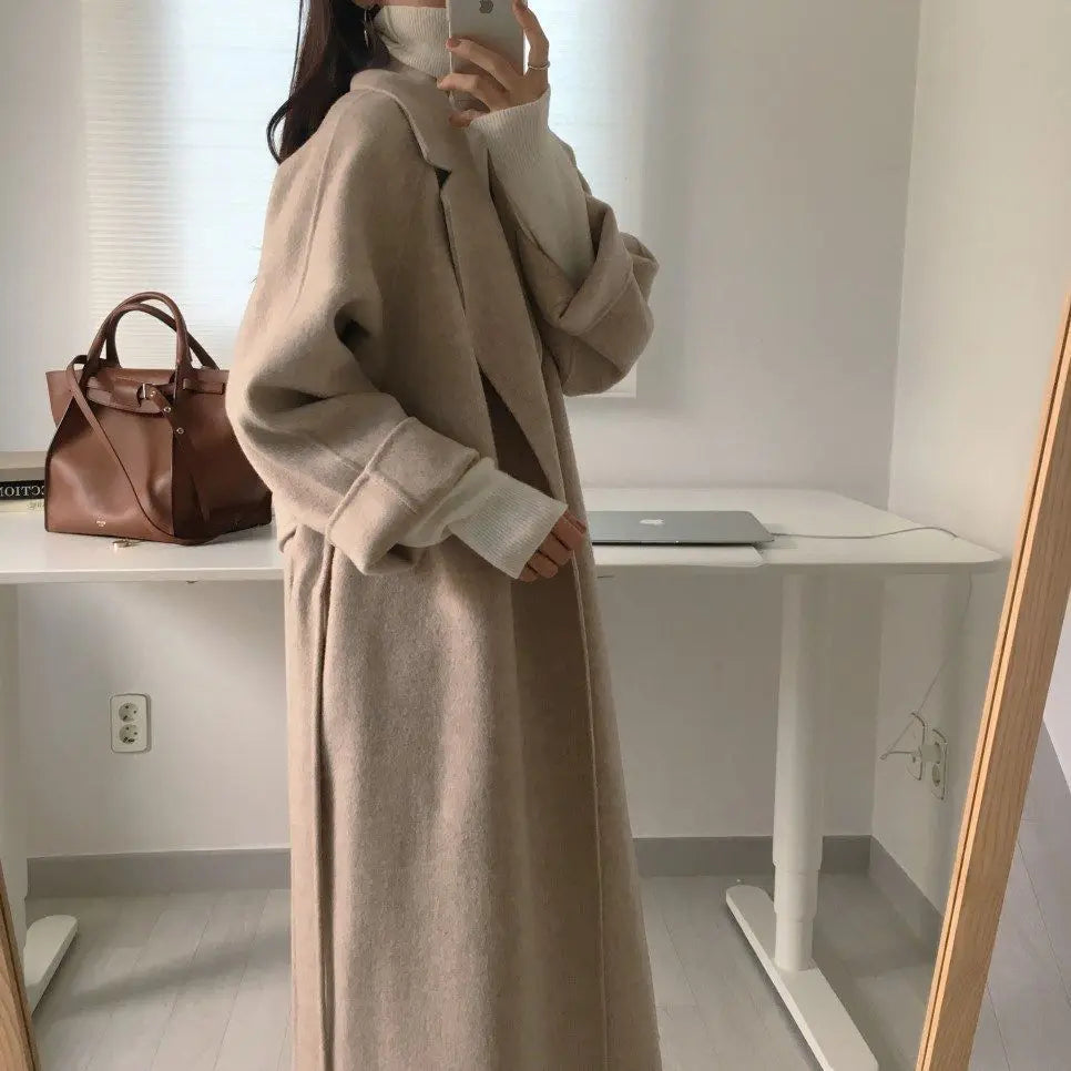 Chic Thick Warm Lapel Lace-up Pockets Loose Woolen Coat 2025 Autumn Winter New Korean Female Long Oversize Casual Women Clothes