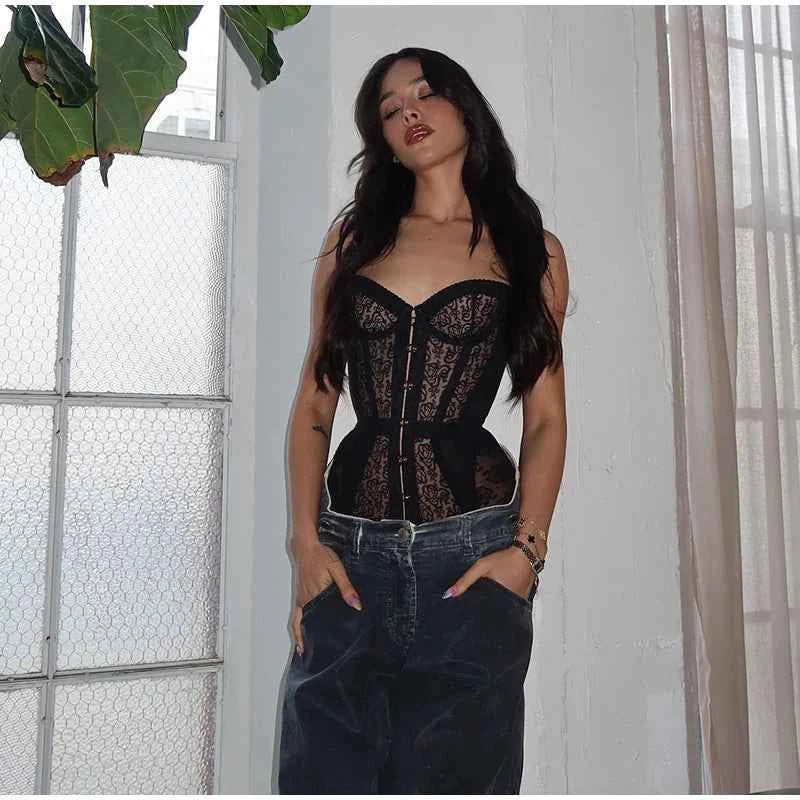 Sexy Women Black Lace Corset Vest Fashion See Through Hollow Out Strapless Top Chic Autumn 2025 New Party Lady High Street Vests