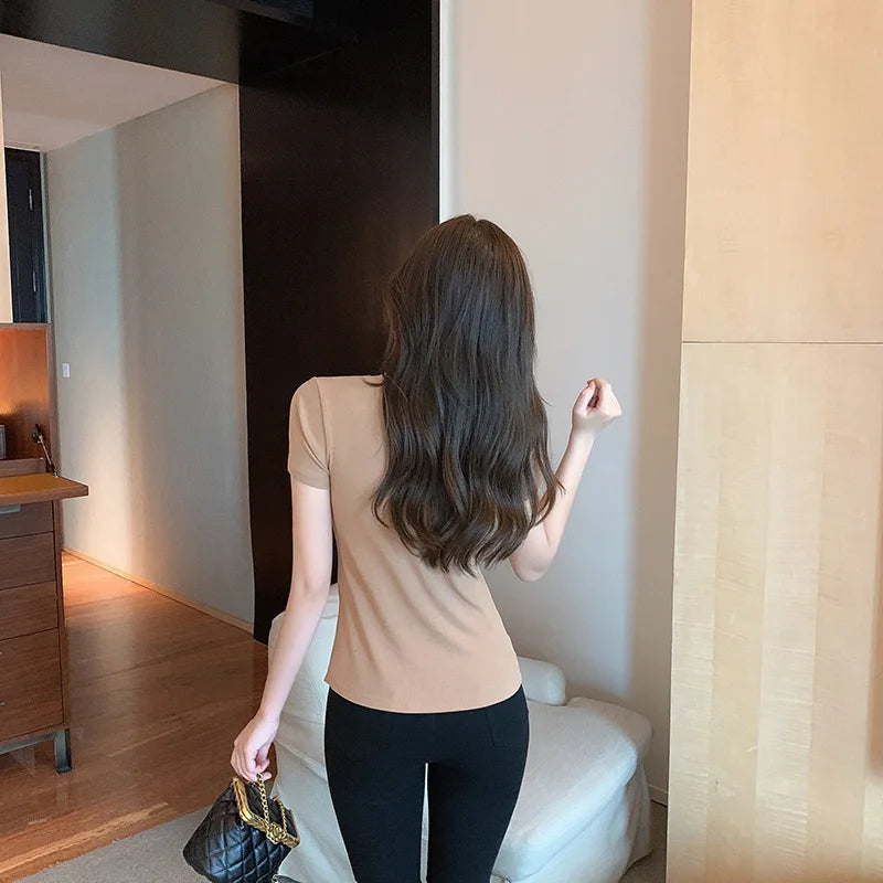 Korean Solid Slit Design Short Sleeve Tee Summer Y2K Streetwear Sexy Top New American Fashion All-match Top for Women