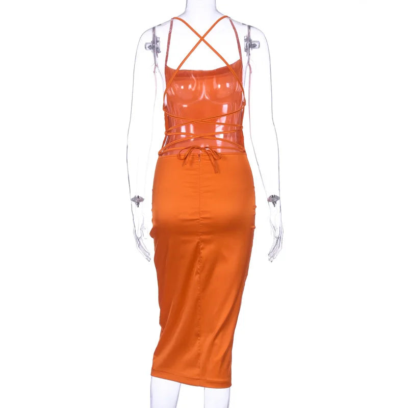 Sexy Slash Neck Back Cross Bandage Bodycon Dress Women Spaghetti Strap Solid Color Mid-calf Dress Elegant Club Party Vestidos