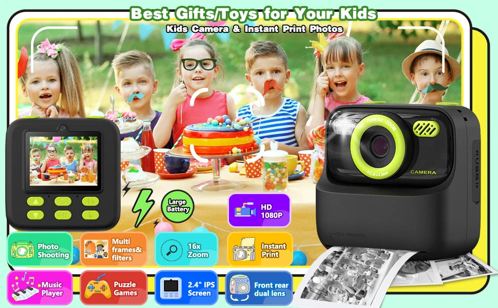 Kids Instant Print Camera, Birthday Gifts for Boys and Girls, Kids Digital Camera Toys, 1080P HD Video, Boy Gifts/Girl Gifts