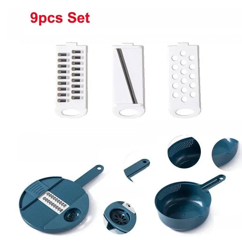 9 in 1 Multi-functional Vegetable Chopper Carrots Potatoes Manually Cut Shred Slicer Radish Grater with Container Kitchen Tools