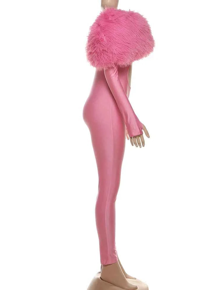 Weird Puss Furry Slash Neck Jumpsuits Woman Luxury Hipster Patchwork Trend Sexy Hollow Stretch Fitness Club Activity Overalls