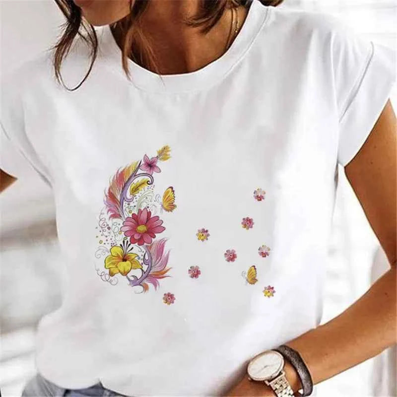 Women's Short-sleeved T-shirt Feather Fashion Print Instagram Base Shirt Women Clothes  Tops  Aesthetic Clothes Graphic T Shirts