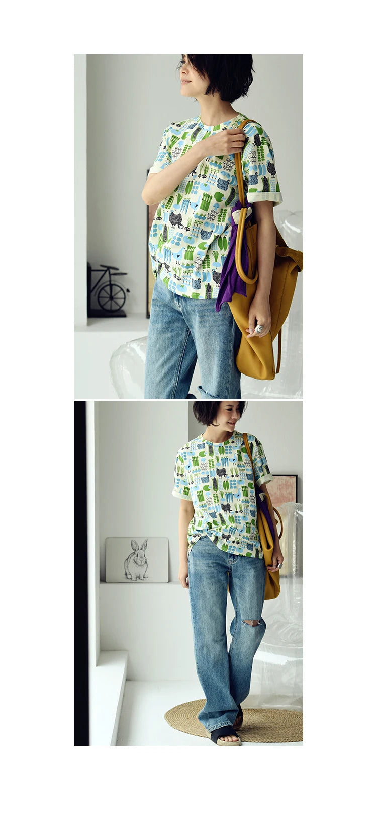 MICOCO T5310C Literary style fresh cartoon print loose crew neck short sleeve T-shirt women