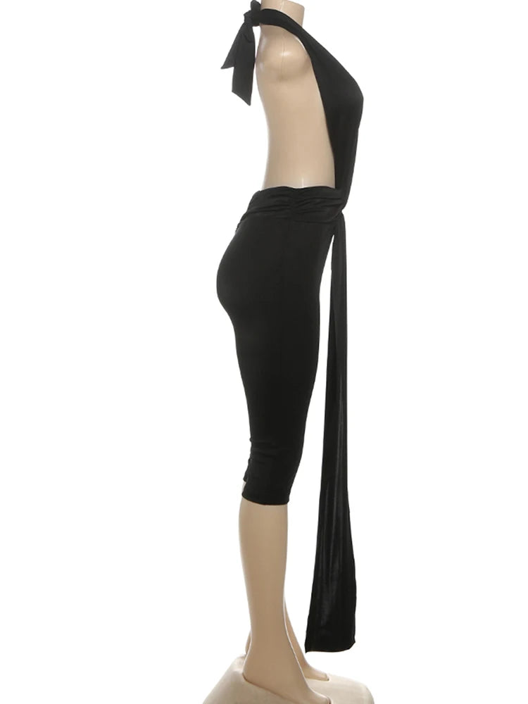Sisterlinda Backless Halter Romper Women Ribbon Patchwork Sleeveless Elastic Workout Activewear Midnight Activity Slim Playsuits