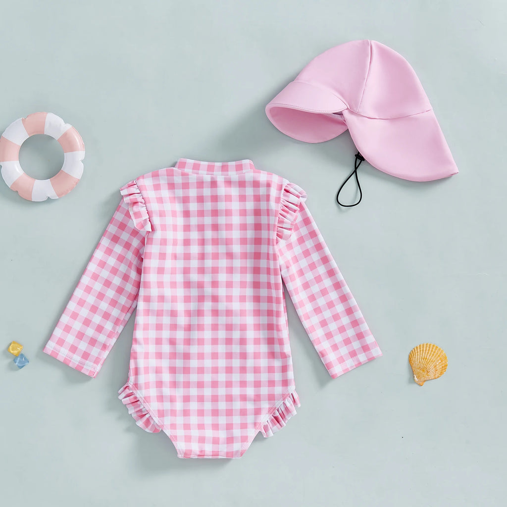 MISOWMNJOY Plaid Print New Girls Swimwear Summer Kids Swimsuit with Hat Zip Up Long Sleeve Crew Neck Baby Girls Swimming Suit