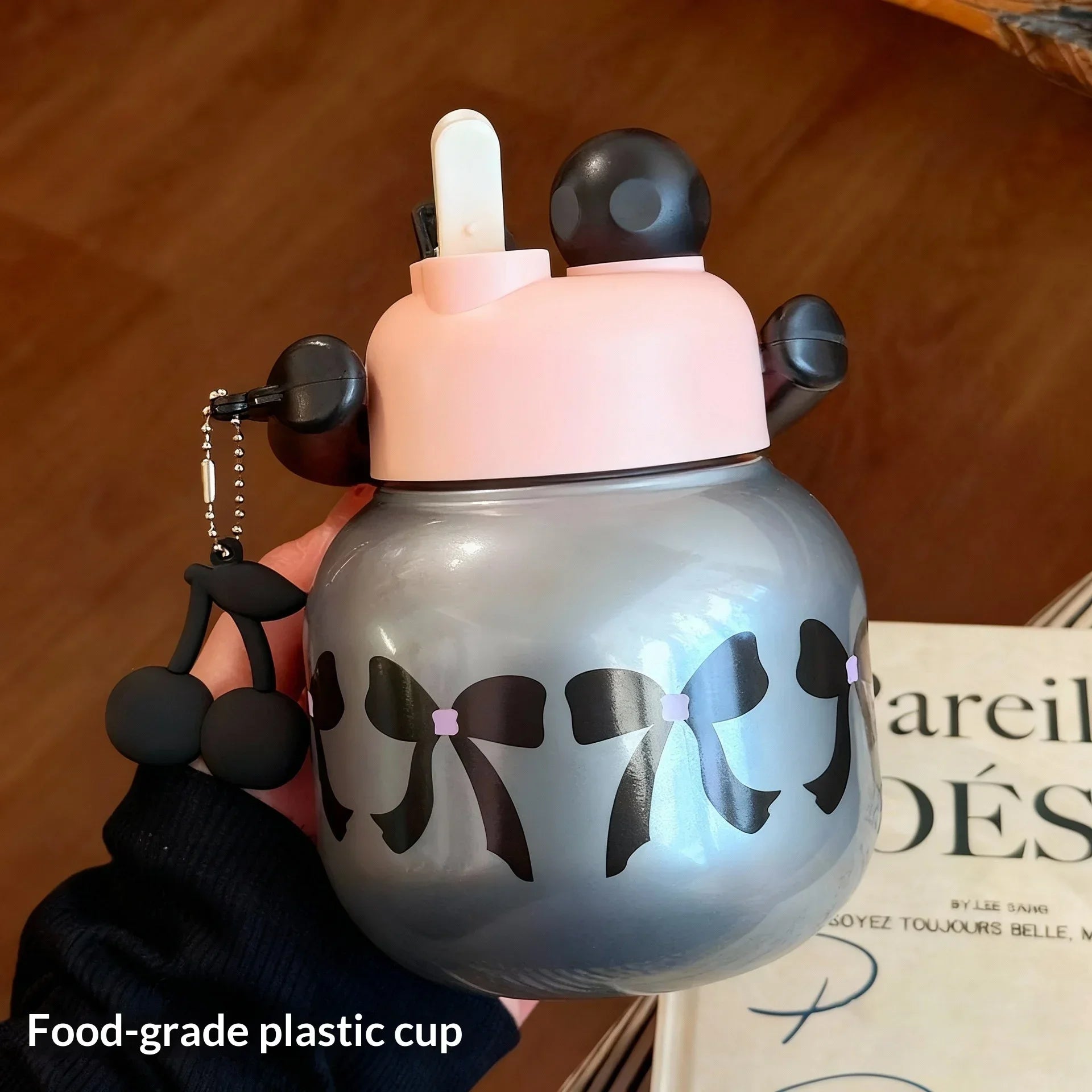 Cute Water Bottle with Decoration, Dual Straws Design, Anti-Lipstick Stain, Detachable Travel Strap Durable Plastic Material