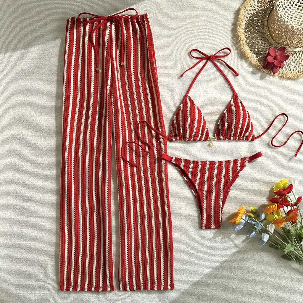 Vintage Red Striped Bikini Set 2026 Women Drawstring Long Panties 3 Piece Swimsuit Beach Holiday Bathing Suit Thong Swimwear