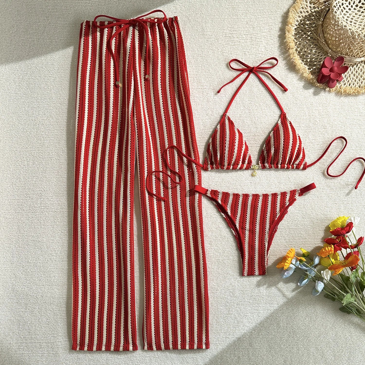 Vintage Red Striped Bikini Set 2026 Women Drawstring Long Panties 3 Piece Swimsuit Beach Holiday Bathing Suit Thong Swimwear