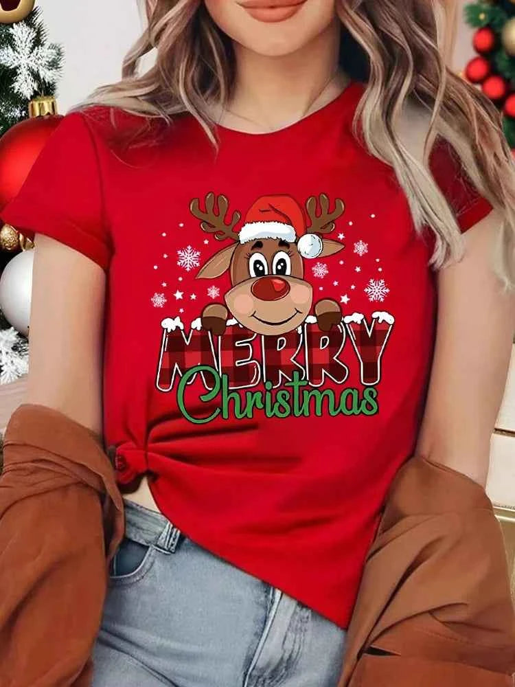 Merry Christmas Cute Reindeer Print Red T-Shirts for Women Casual Short Sleeve O-neck T-Shirts Ladies Christmas Party Tops