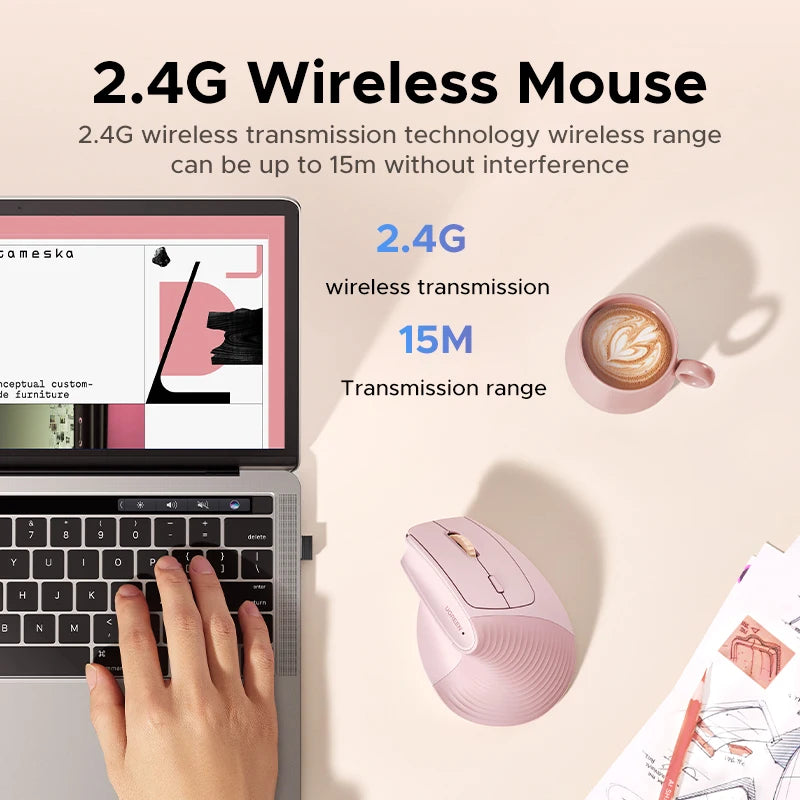 UGREEN Wireless Mouse Vertical 2.4G Ergonomic 4000DPI 6 Mute Buttons for MacBook Tablet Laptops Computer PC Mice Black Pink