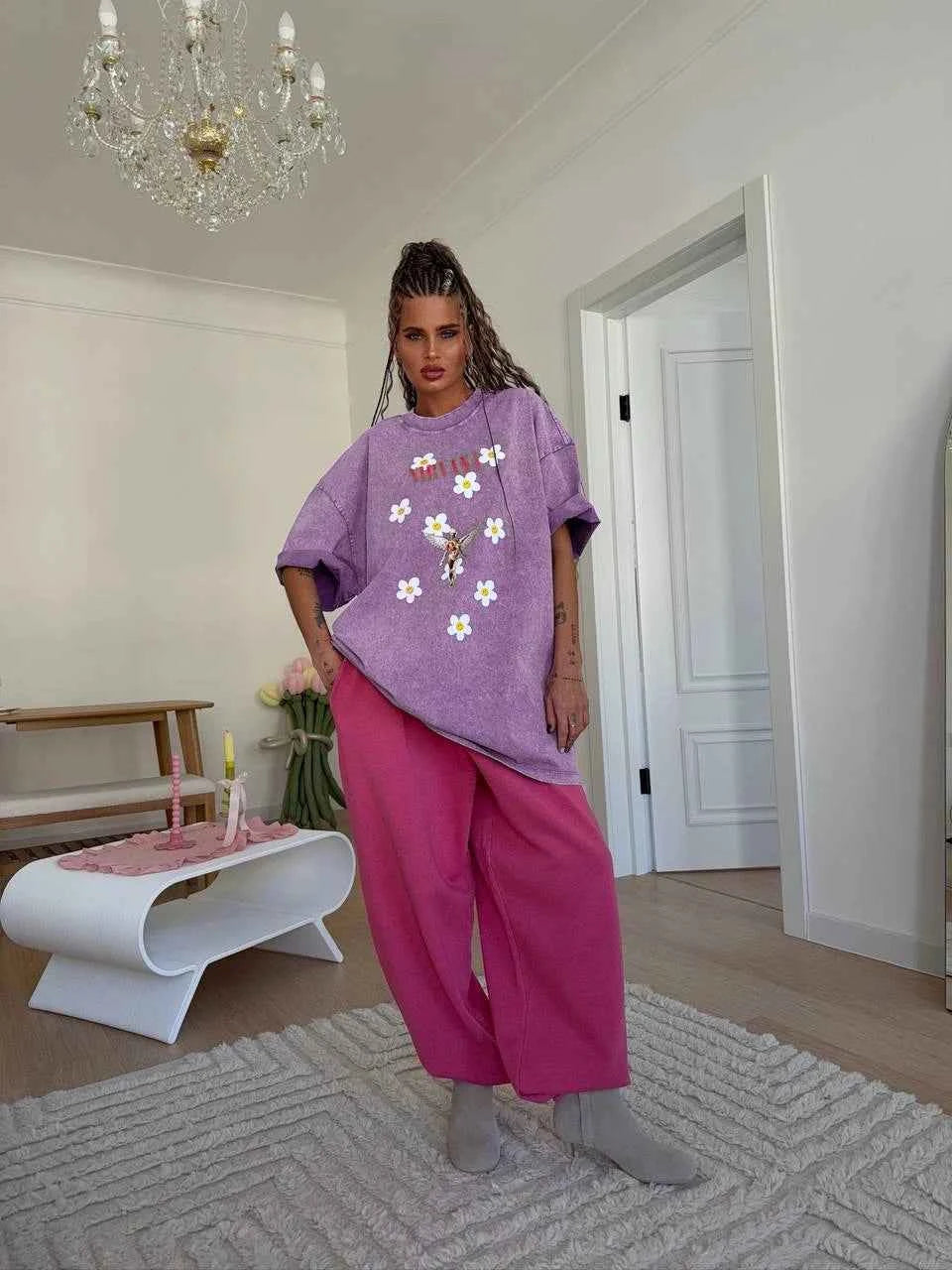 Sumuyoo Women's Retro Printed T-shirt Cotton Men Vintage Short-sleeve Wax Printing T Shirts Fashion Hip Hop Loose Fflower Tees