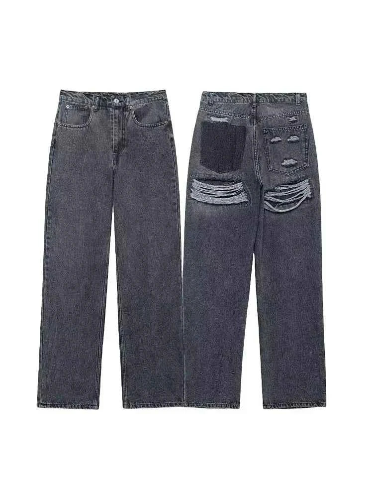 HH 2024 Women's Street Fashion Denim Blue Jeans Distressed Patchwork High Waist Zipper Fly Ripped Retro Long Pants