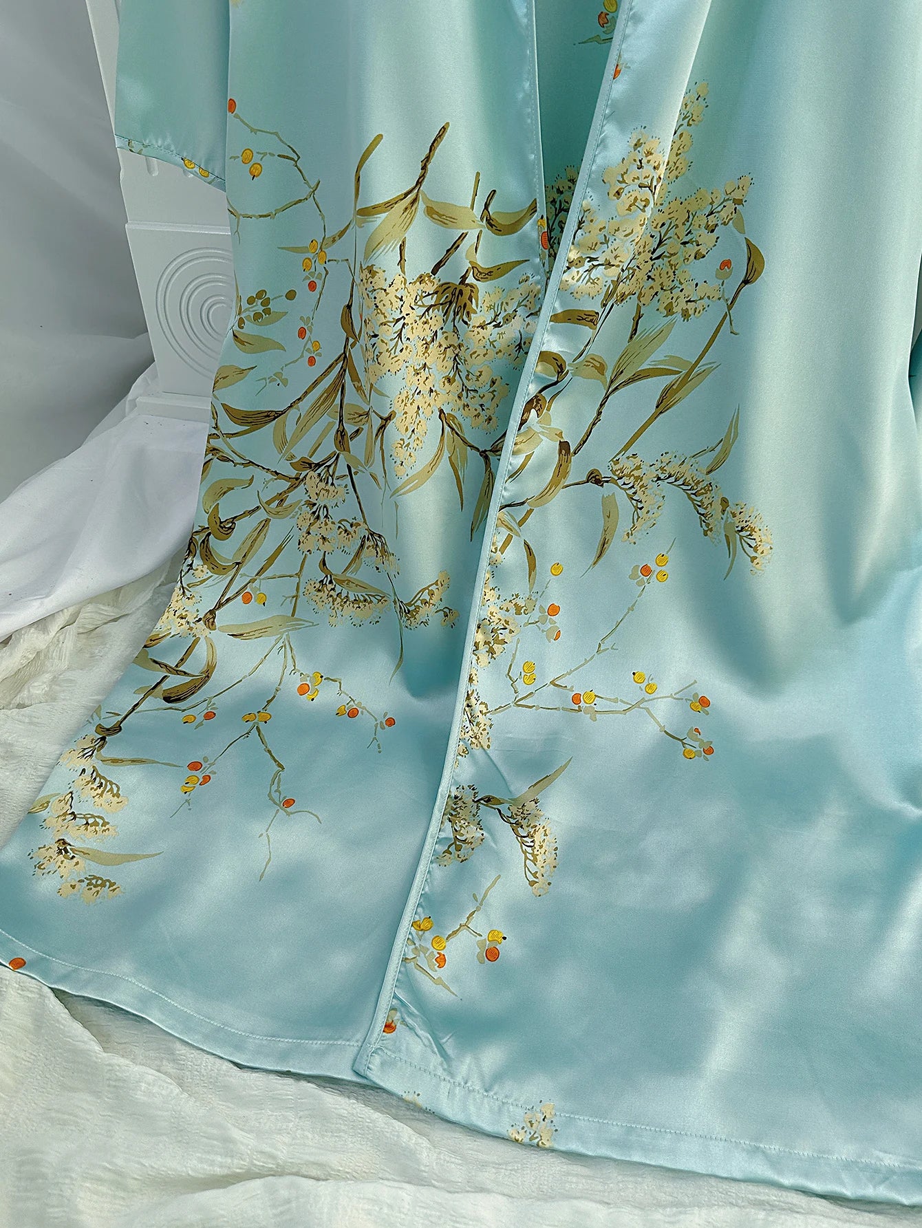 Floral Print Pajama Set Long Sleeve Robe With Belt   V Neck Slip Dress  Women's Sleepwear  Loungewear