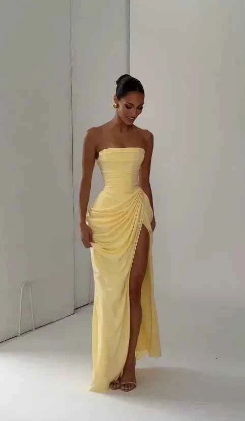 Yellow Strapless Pleated Dress Women Elegant Sexy Sleeveless Waist Cinching Split Maxi Gowns 2026 Lady New Evening Party Dresses