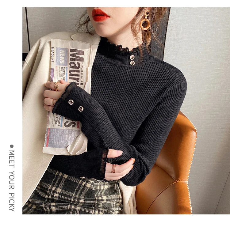 2026 Knitted Women Sweater O-neck Button Pullovers Autumn Winter Basic Sweaters for Female Pullover Slim Solid Bold Lace Tops