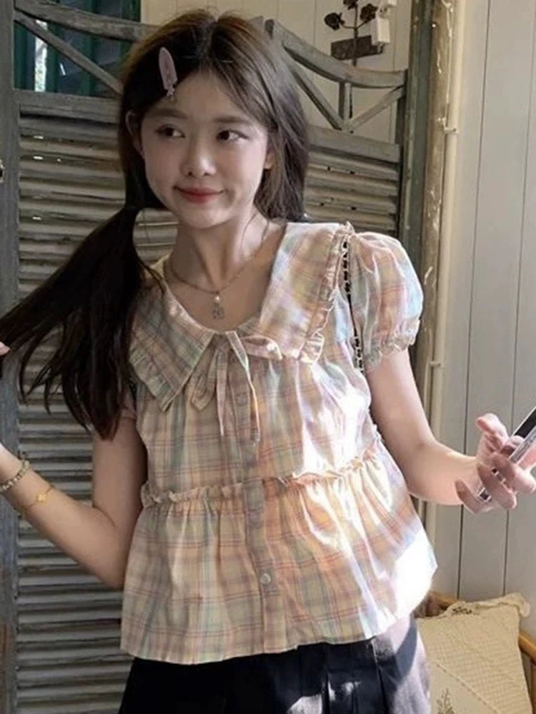 Preppy Style Sweet Plaid Shirt Women Summer Cute Peter Pan Collar Cropped Blouse Kawaii Casual Lace Up Lady Tops New