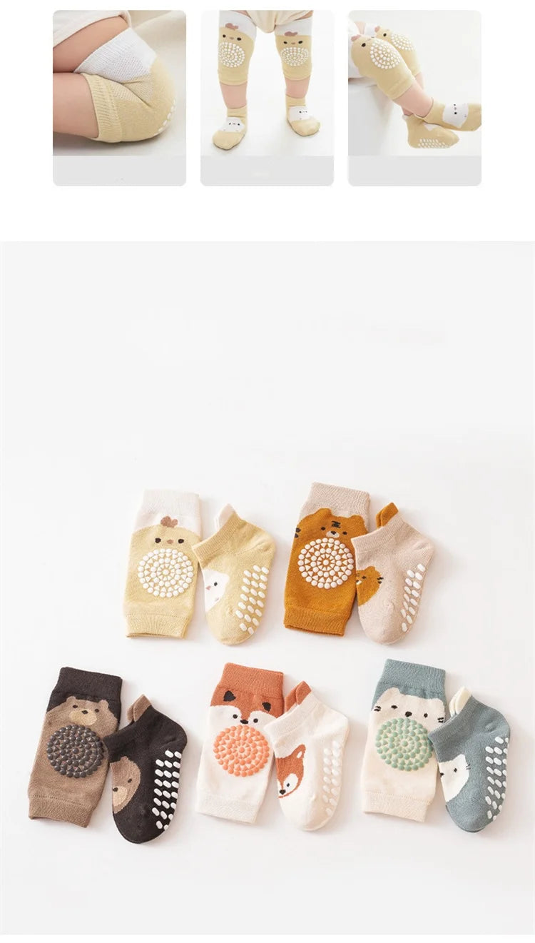 Kids Baby Anti-slip Cartoon Knee Pads Socks Sets Thin Cotton Mesh Crawling Knit Knee Pads Infant Toddler Floor Socks For 0-3 Yrs