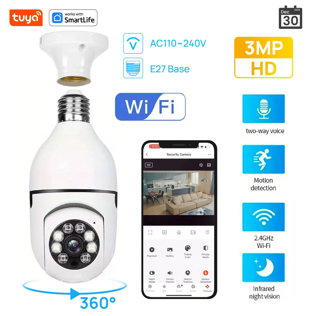 Tuya Smart E27 Security Camera 2.4G 3MP HD for Home,Baby/Elder/Pet Camera 100-240V W/Phone App,Color Night Vision 2-Way Audio
