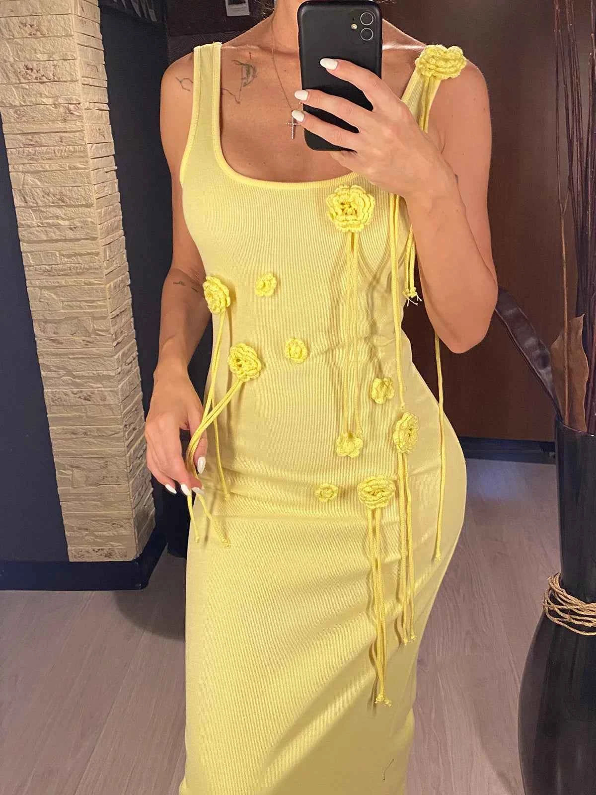 Beachwear Cover-ups Knitted Beach Dress Women Vacation Fashion 3D Flower Slim Holiday Outfits Summer Maxi Party Dresses V6181