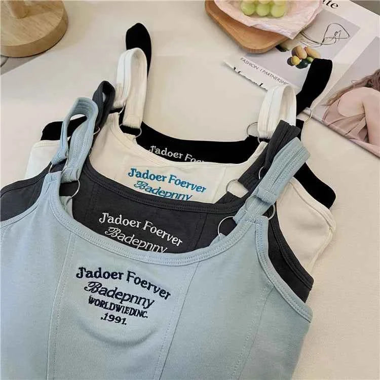Women Crop Top Summer Y2K Lrregular Hem Slim Tank Tops Casual Sexy Female White Streetwear Letter Tank Tops With Pad Woman