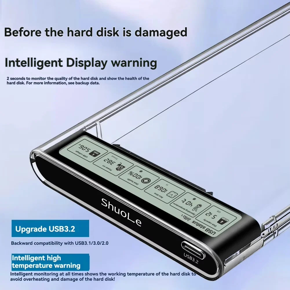 USB3.2 HDD Enclosure 2.5 inch HDD SSD External Hard Drive Case with Display Screen Clear Portable Storage Case for Laptop PC