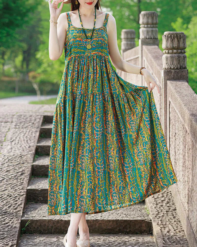 New Fashion Casual 2025 Summer Elegant Dresses For Women O-Neck Print Vintage Sleeveless Dress Loose Women Clothing