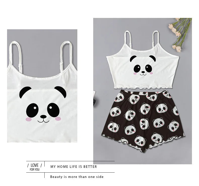 Summer Silk Satin Pyjama Pajamas for Women Sexy Sleepwear Sling Top Shorts Pajama Set Cartoon Pattern Printing 2-Piece Homewear
