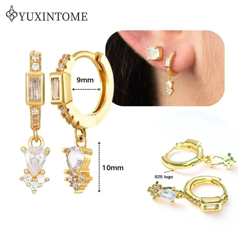 Women's 925 Sterling Silver Ear Needle Crystal Zircon Water Droplets Stud Hoop Gold Huggie Earrings Premium Luxury Party Jewelry
