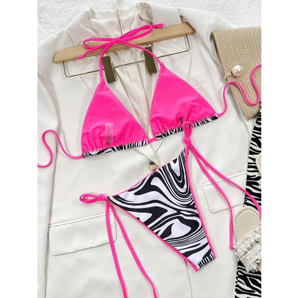 Sexy Zebra Print Bikini Women 2-piece Triangle Bag Swimsuit Fluorescent Bandage Backless Bathing Suit Low Waist Swimwear 2026
