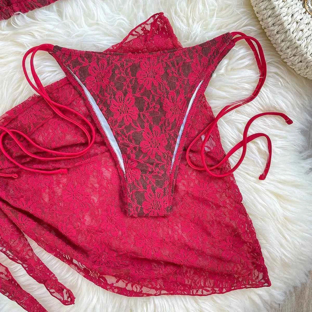 Lace Fabric Three-pieces Swimsuit Set With Sarong Bikini Inspired Women's Swimwear Beachwear Bathing Suit Vacay Outfit Biquini