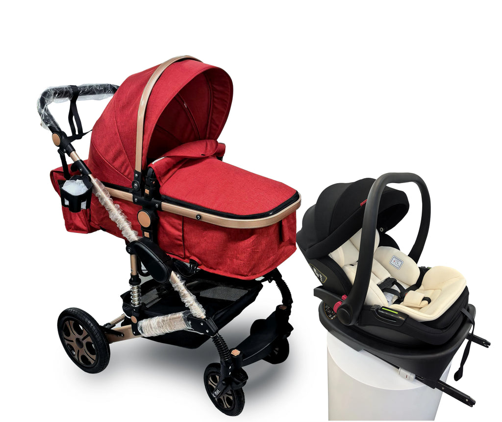 3-in-1 Baby Stroller Car Seat Set, Travel System for Newborn, Baby Carriage with Isofix Base Reversible Stroller Upto 55lbs, Foldable Stroller Suit Newborn to Toddler
