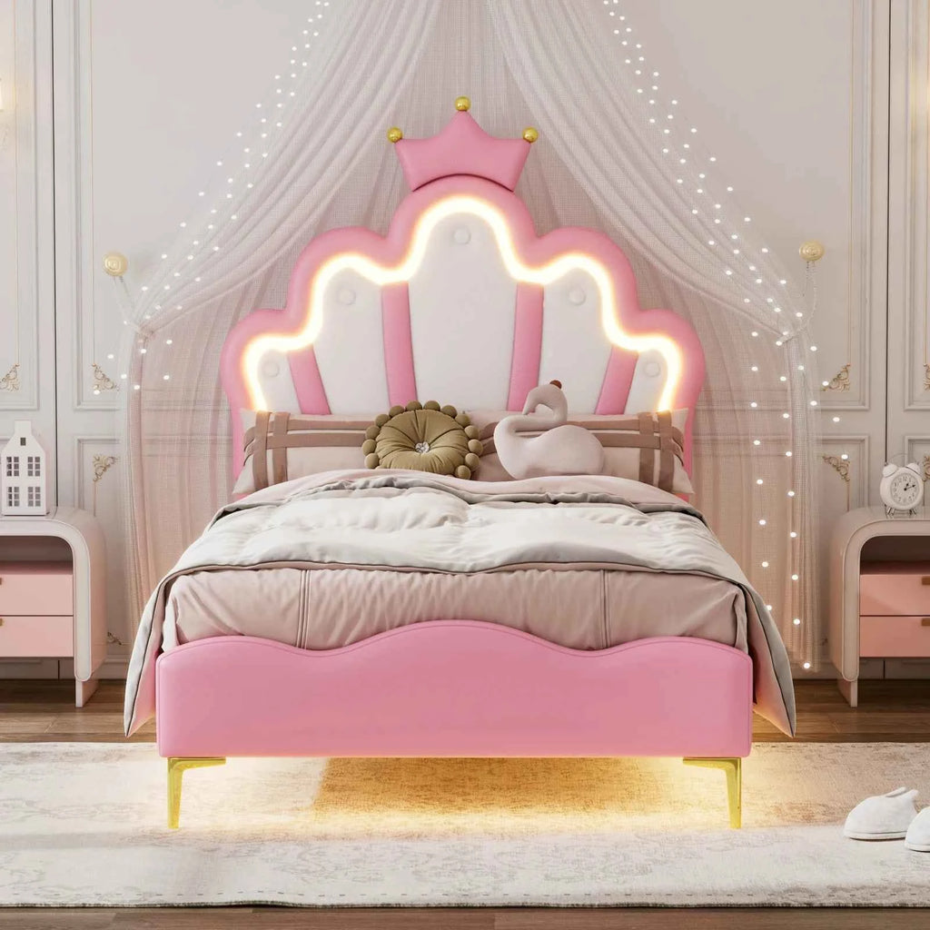 Comanlai Children's Bed  90x200cm with LED Light and Crown-shaped Headboard,Upholstered Bed with Slatted Frame,PU Leather,Pink