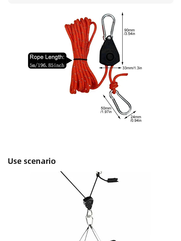5m Adjustable 8 1 Inch Hanging Rope for Outdoor Camping Plant Growing Light Rope Ratchet Hanger Pulley Lifting Pulley Hook