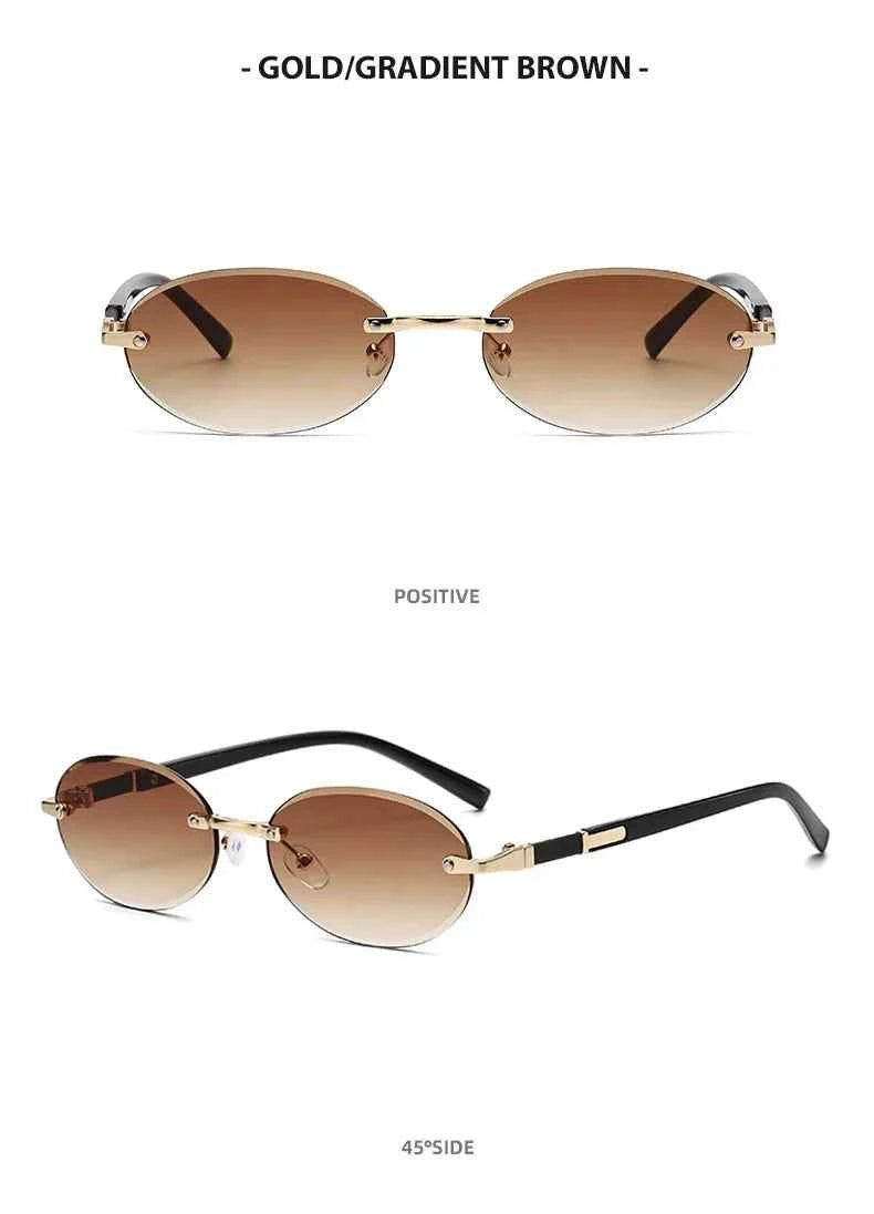 Popular Women Men Shades Oval Sun Glasses for Female Male Summer Traveling UV400 Rimless Sunglasses Round Fashion Gafas De Sol
