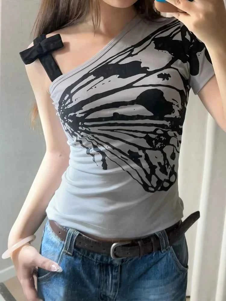 Sexy Off shoulder Summer T shirt Women Korean Harajuku Aesthetic Print Short sleeve Body Tops Female Tees Cotton Front Bow Tied