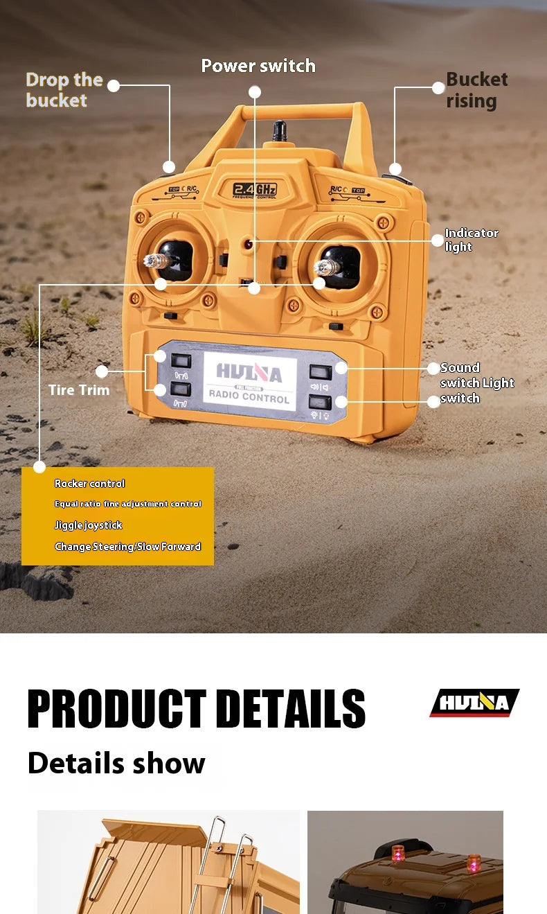 HUINA 1536 2.4G 1/14 15CH RC Metal Dump Truck Toy Die-cast Remote Control Construction Rc Truck for Boy Children Toys Xmas Gifts