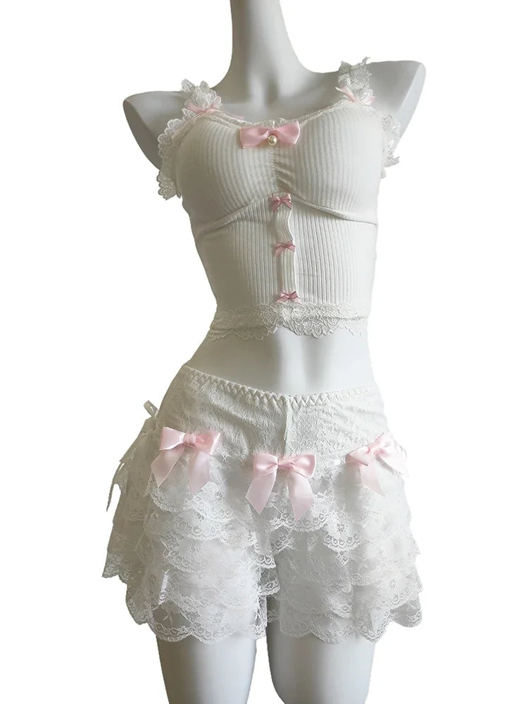 Sweet Crop Top Women Lace Trim Cotton Cropped Bows Bead Decoration Pink White Cute Camis Sweet Girls Lolita Style Kawaii Clothes