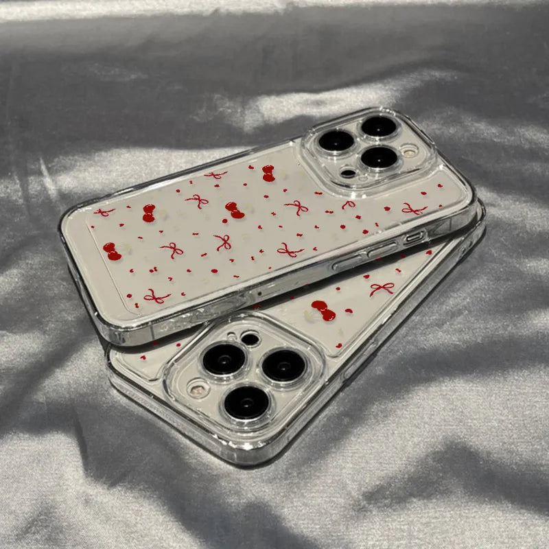 Cute Bow Cherry Phone Case For iPhone 16 Pro Case iPhone 15 13 17 11 12 14 Pro Max 16E XR XS 7 8 Plus SE Shockproof Clear Cover