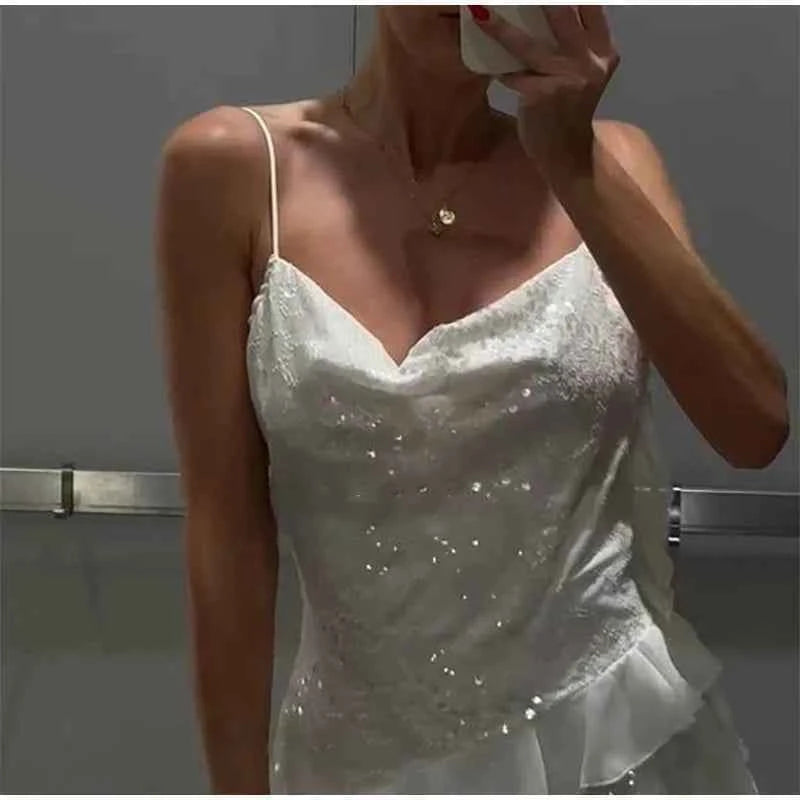 Glitter Flounce Mini Dress Woman Cinched Waist Sleeveless A-Line Halter Dresses Sexy Chic Women's Fashion Summer Short Dresses